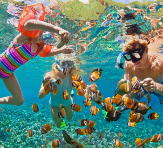 Family snorkeling in clear waters during a Nassau snorkeling tour.