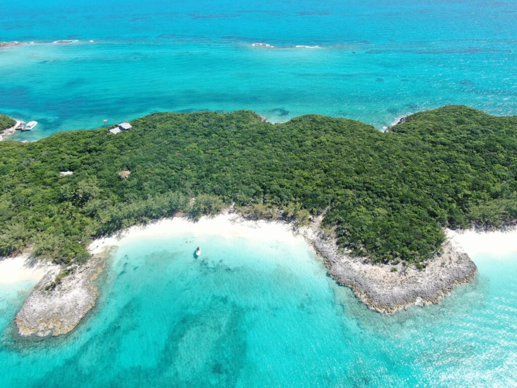 Aerial view of Rose Island near Nassau, Bahamas with turquoise water and private beaches