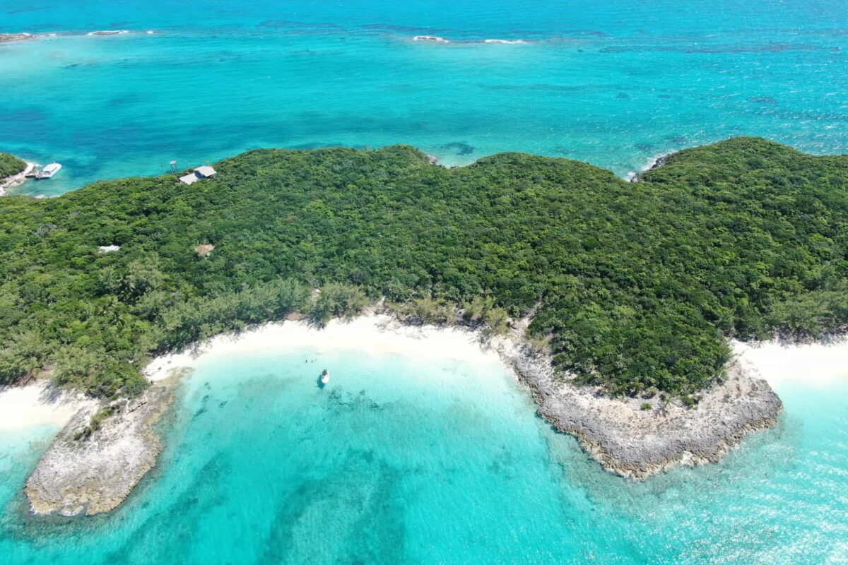 Aerial view of Rose Island near Nassau, Bahamas with turquoise water and private beaches