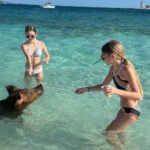 Family holding piglet on beach during Nassau Bahamas pig tour