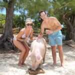 Family swimming with pigs in clear water near Nassau Bahamas